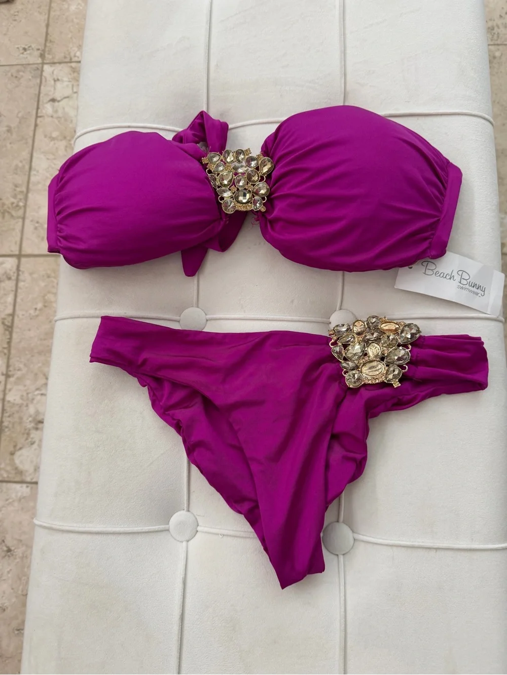 Beach Bunny Magenta Bandeau Bikini with Gold Gem Embellishments: read!